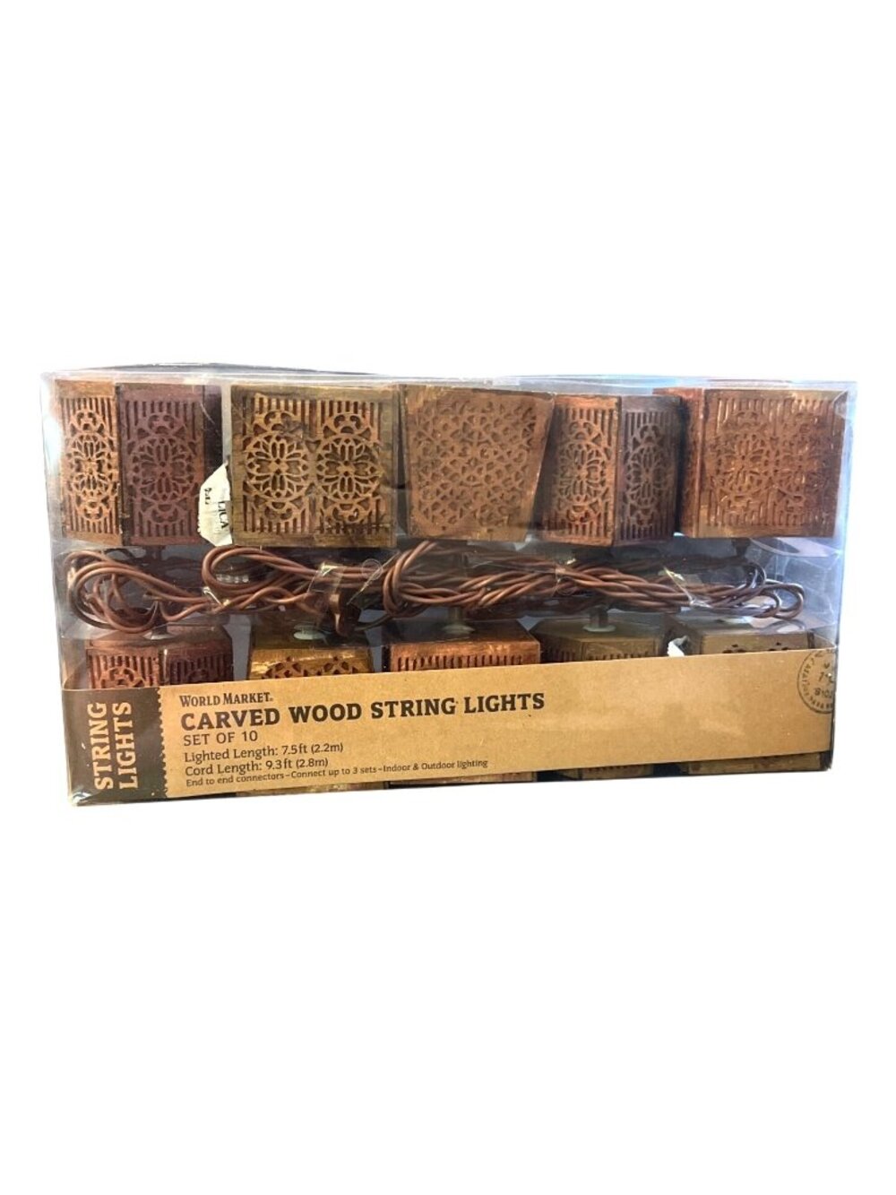 Vintage World Market Carved Wood String Lights Set Of 10 Indoor/Outdoor 7.5Ft